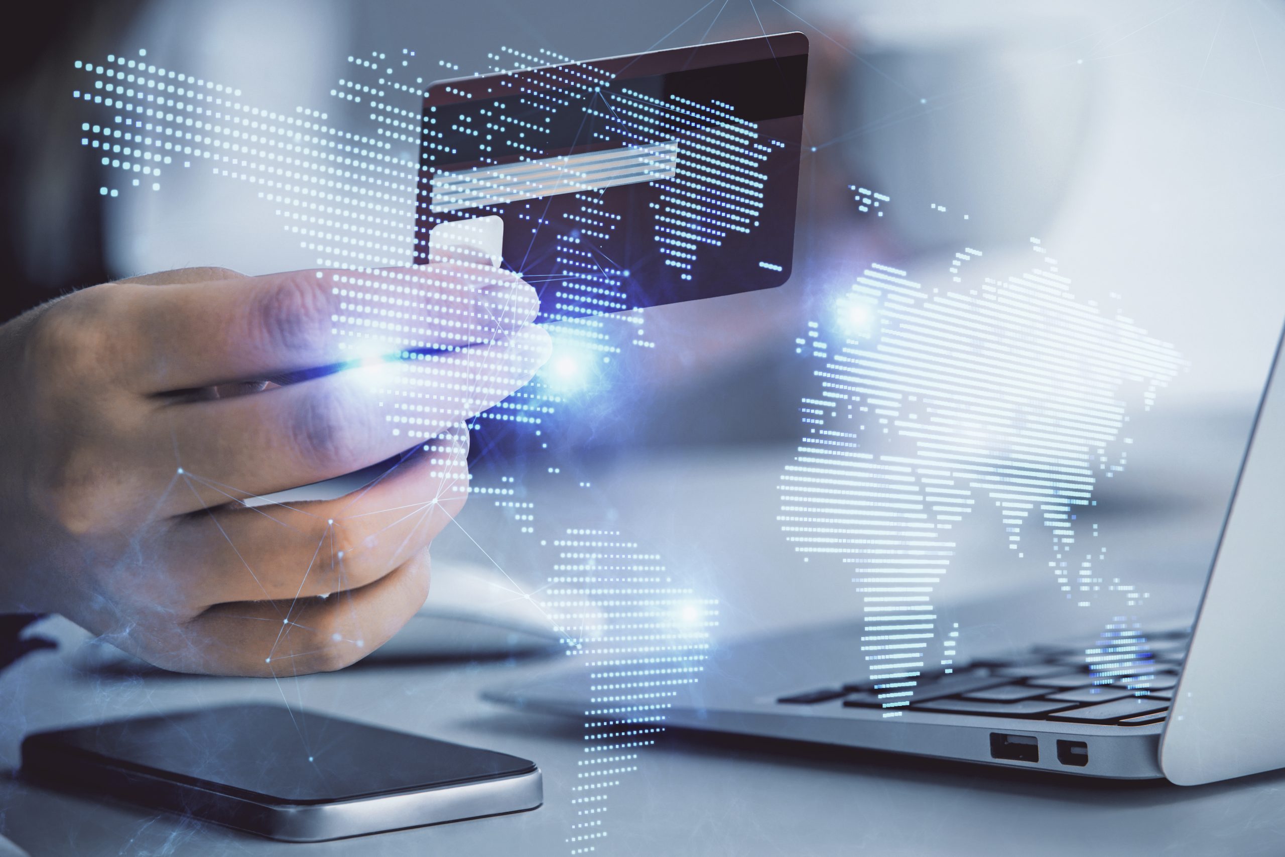 Multiple exposure of a woman shopping online, holding a credit card, with a social network–themed illustration. E-commerce and digital relationships concept.