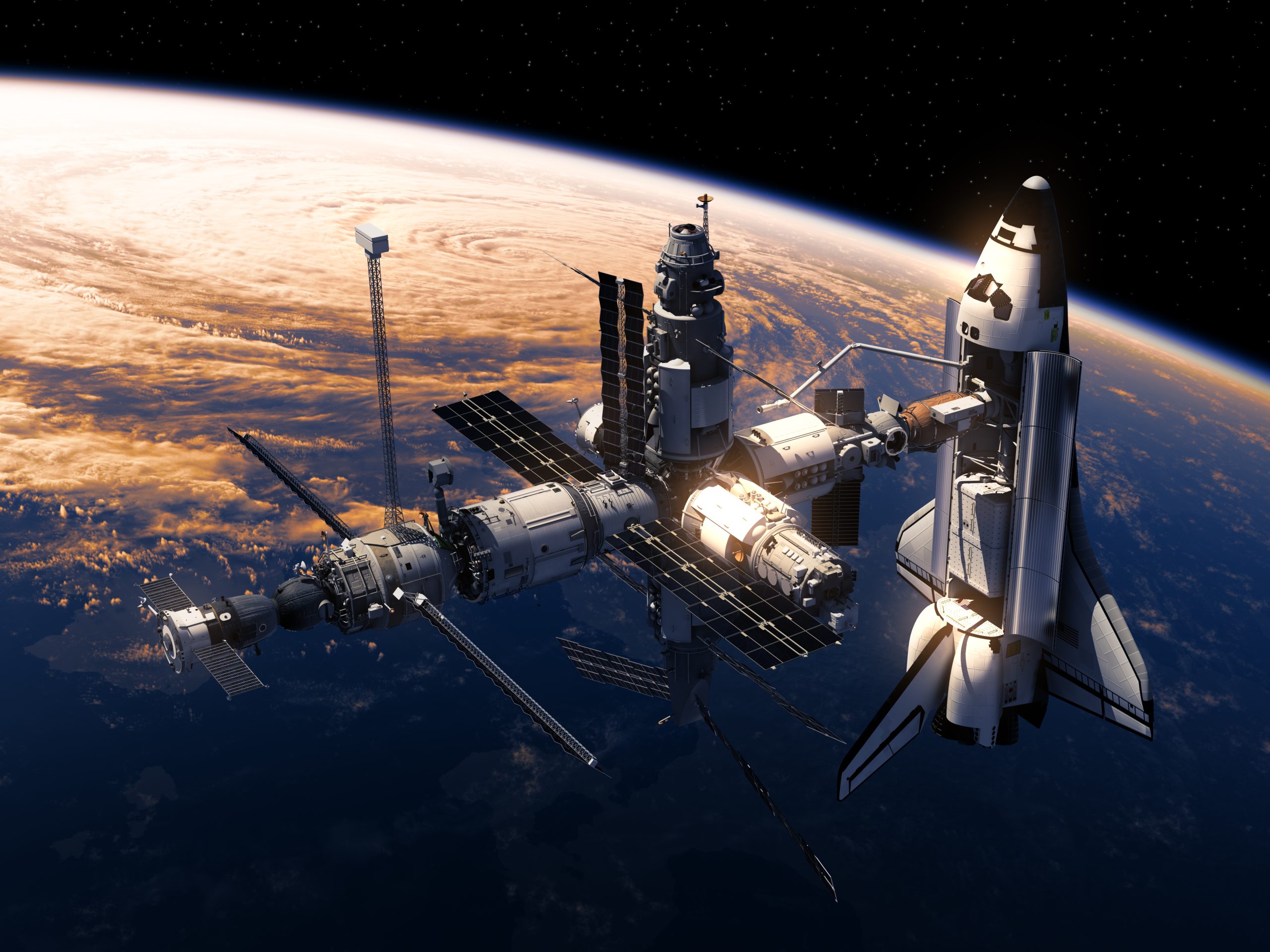 Space Shuttle And Space Station Orbiting Earth. 3D Illustration.