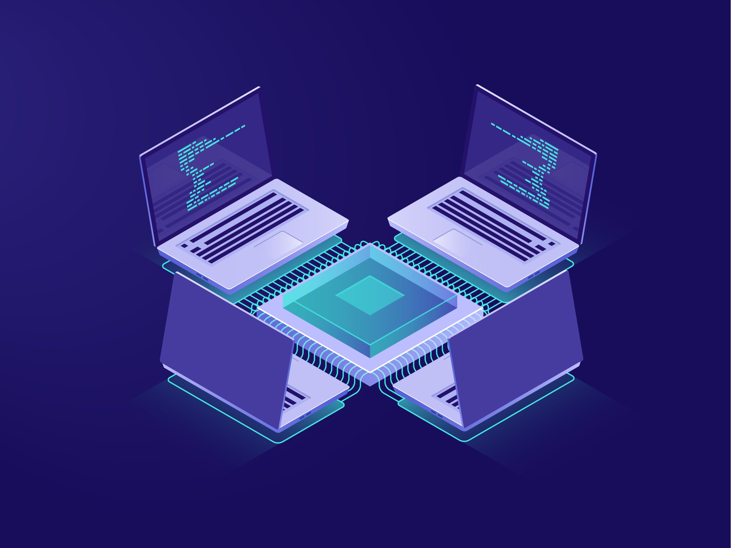 Server room, artificial intelligence, big data processing, online banking operations, data encryption, network conception, net with laptop, isometric illustration vector neon dark