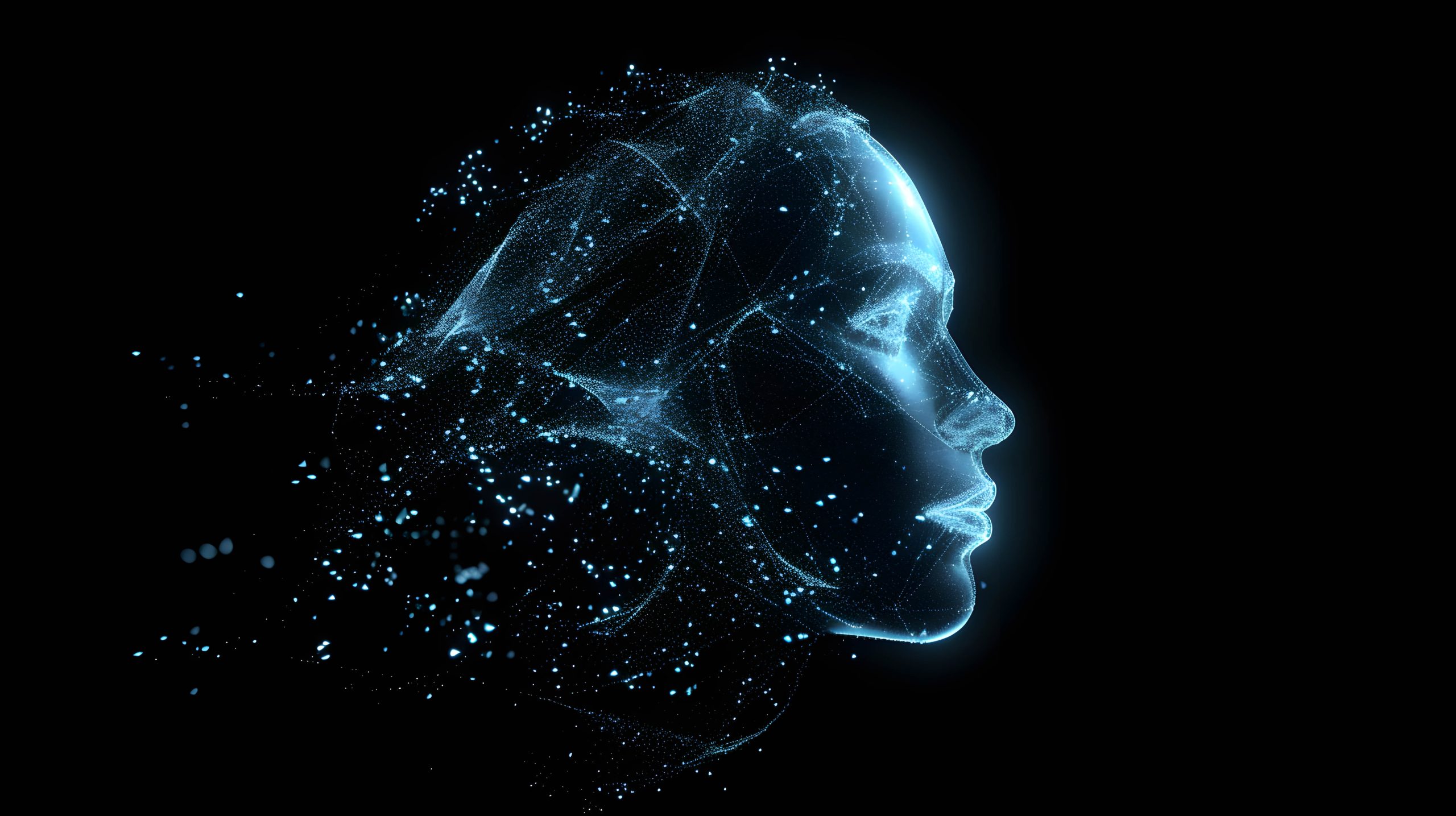 A digital representation of a human face made with connected light points on a dark background