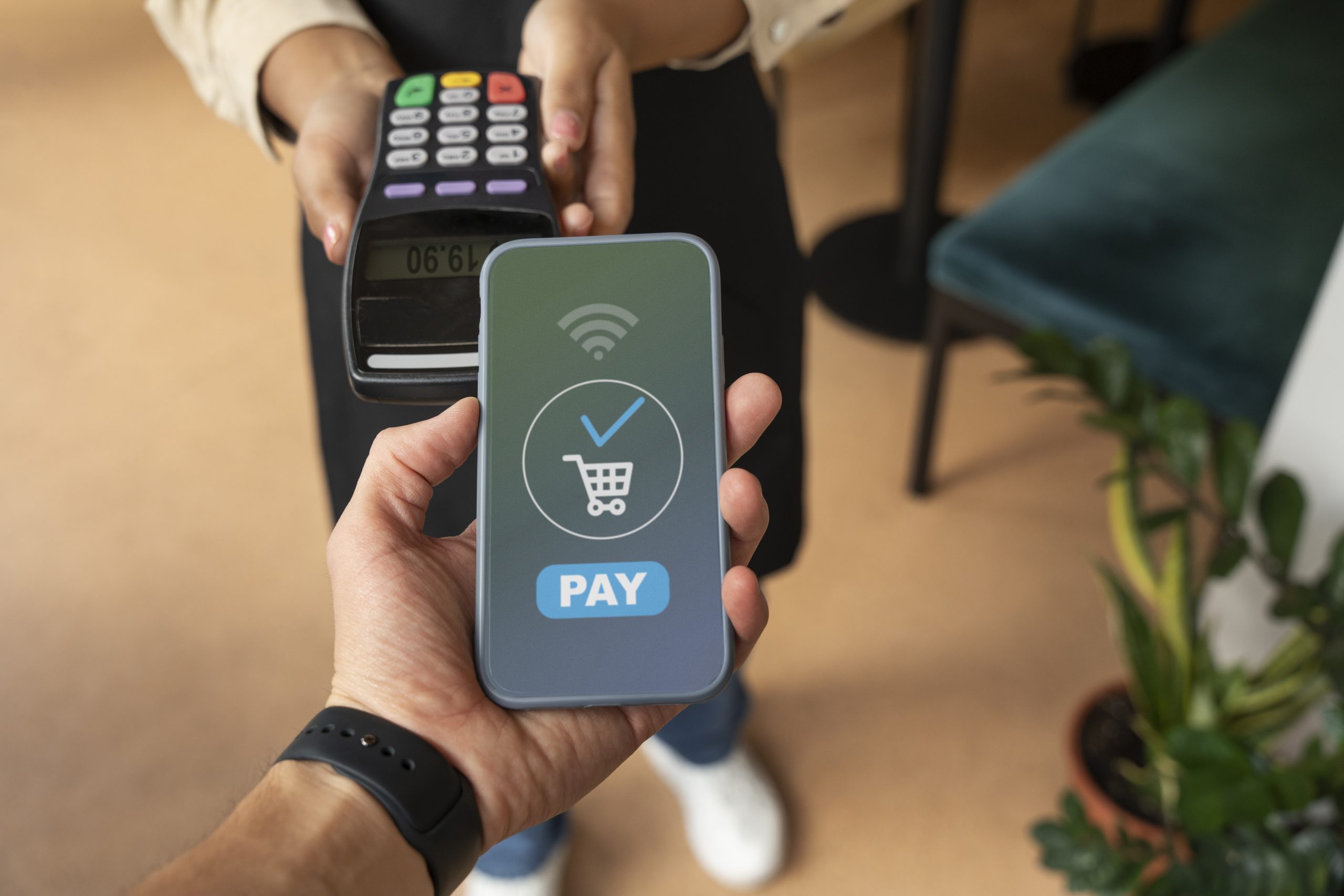 A person pays with NFC technology