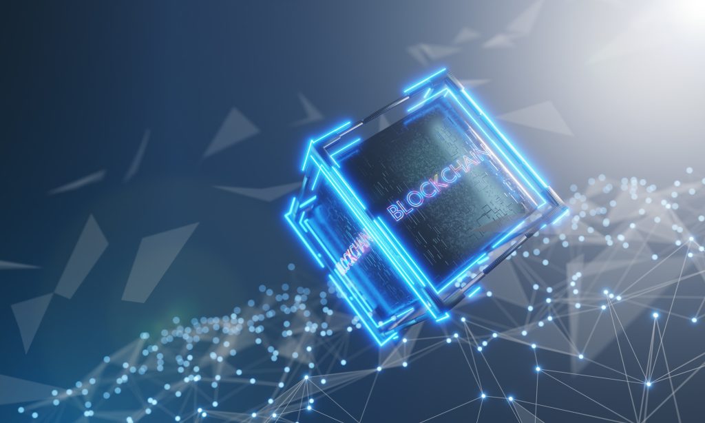 Blockchain technology with abstract background. Blockchain on a dark cube. Blockchain on a network abstract background. 3d rendering.