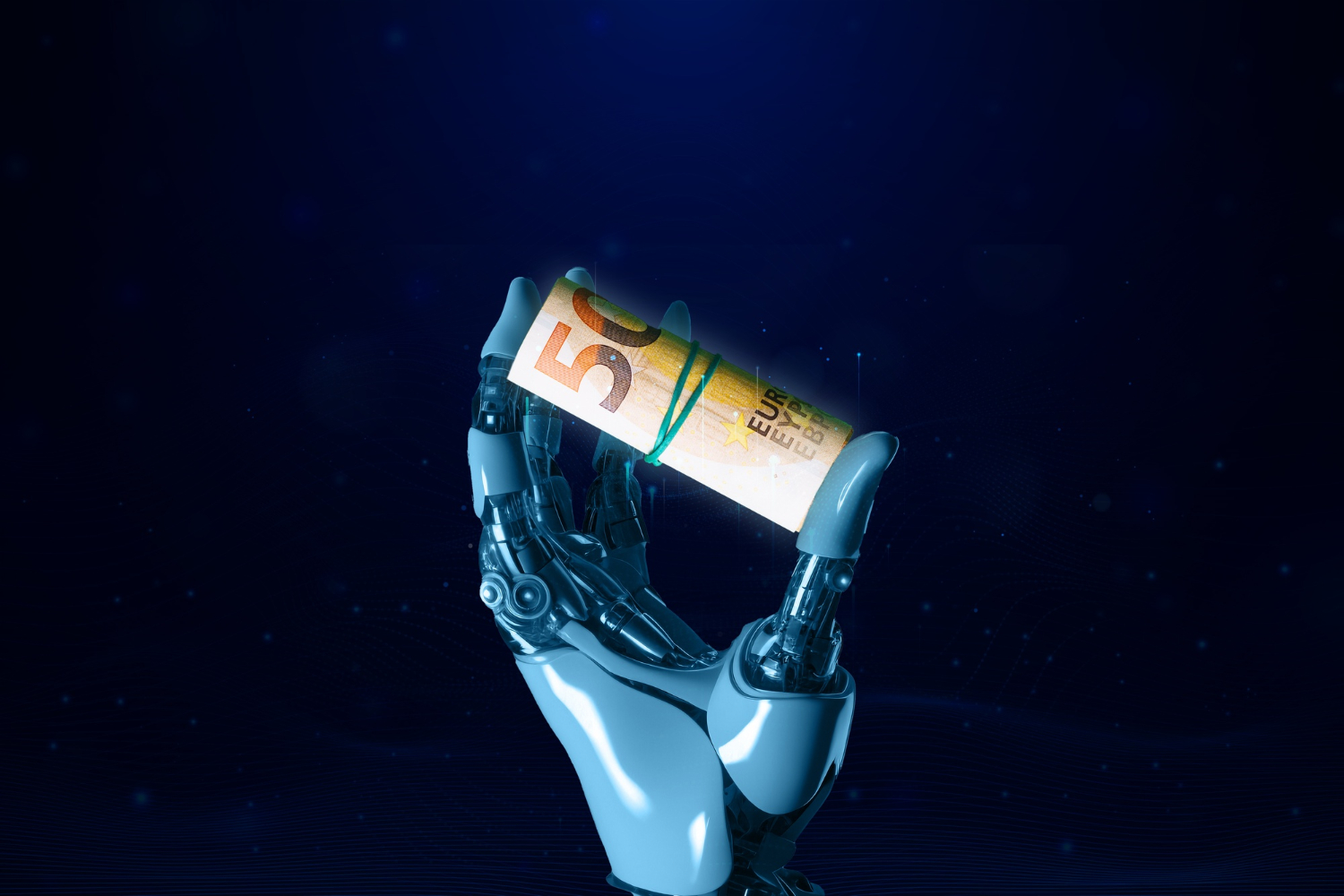 A robotic hand holds a 50 euro bill