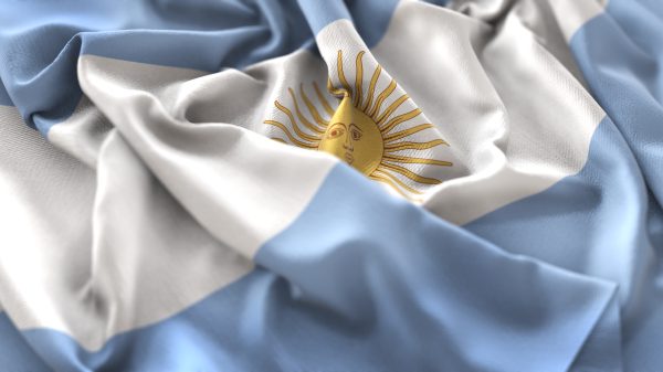 Argentina Flag Ruffled Beautifully Waving Macro Close-Up Shot