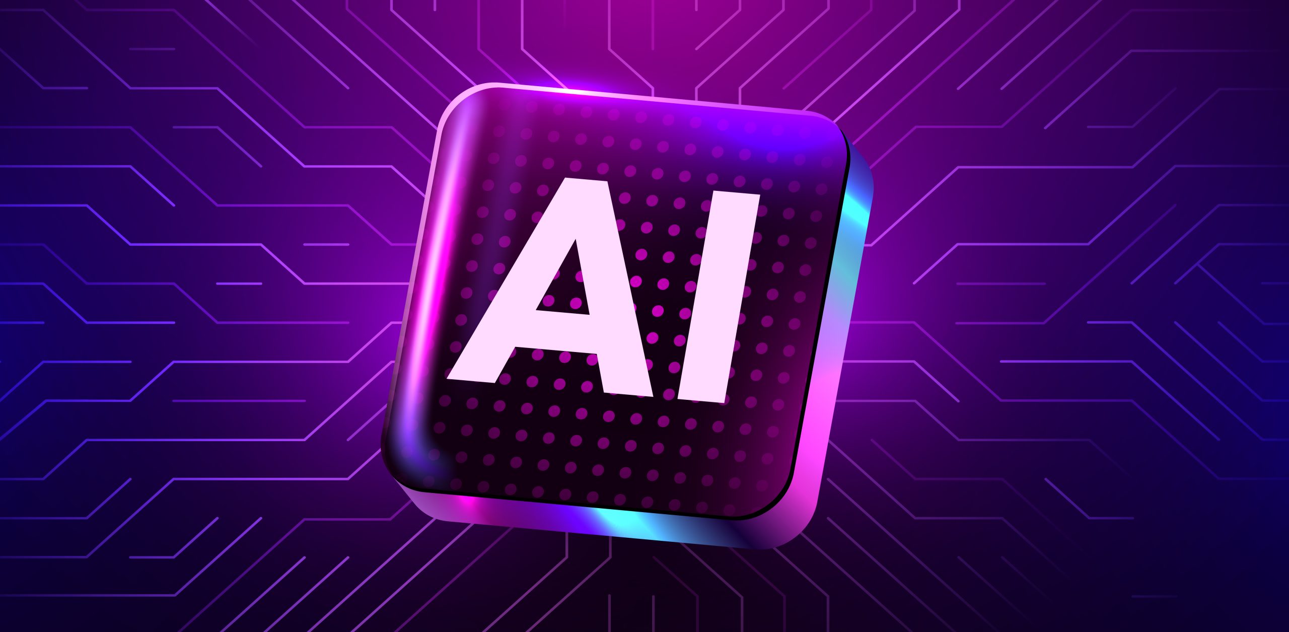 Brightly glowing AI chip on circuit board