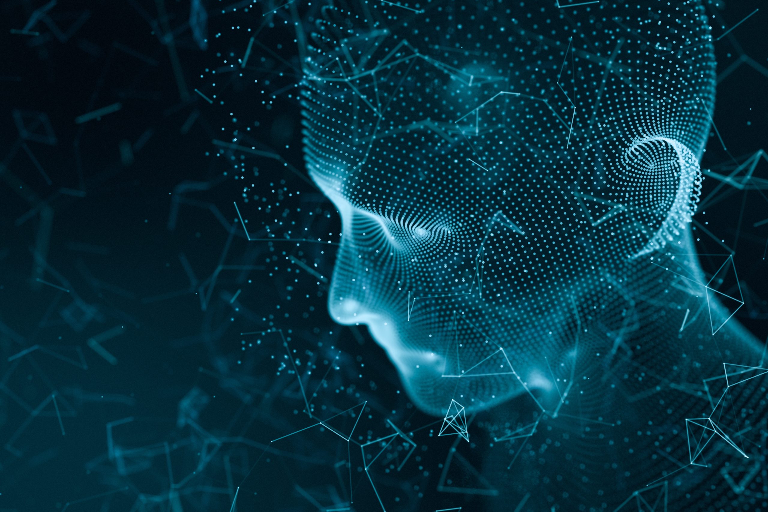 Human head made up of technological lines with the concept of Artificial Intelligence, 3D rendering