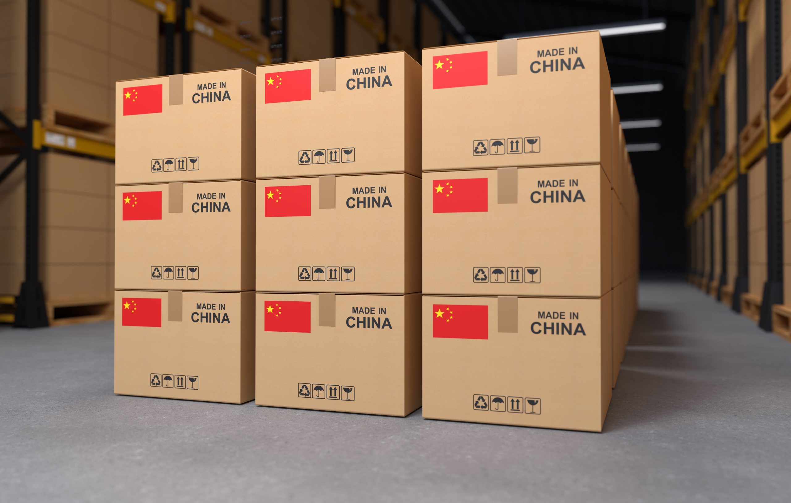 Products made in China, cardboard boxes in the warehouse