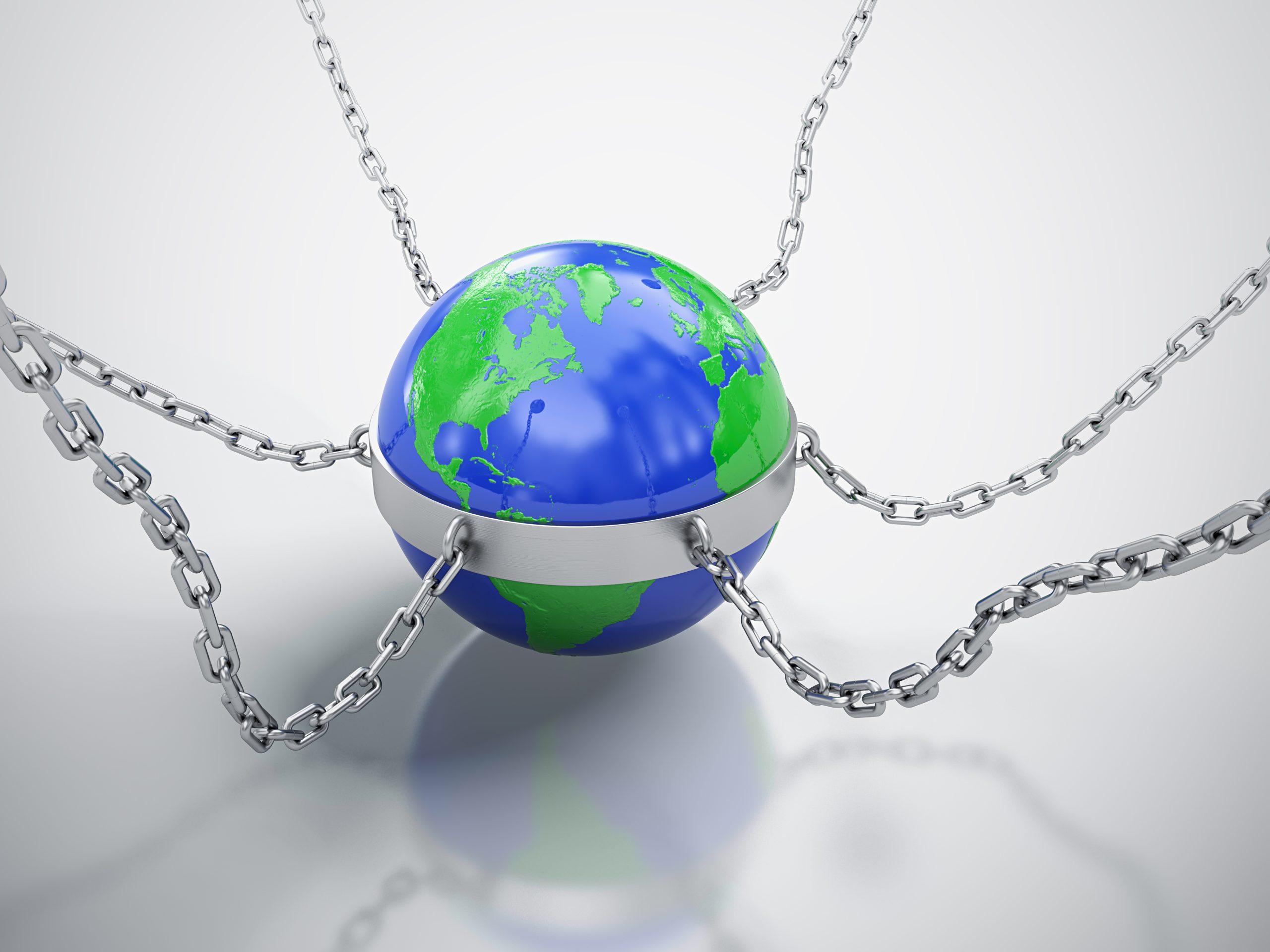 3D render of Earth in chains isolated on white background