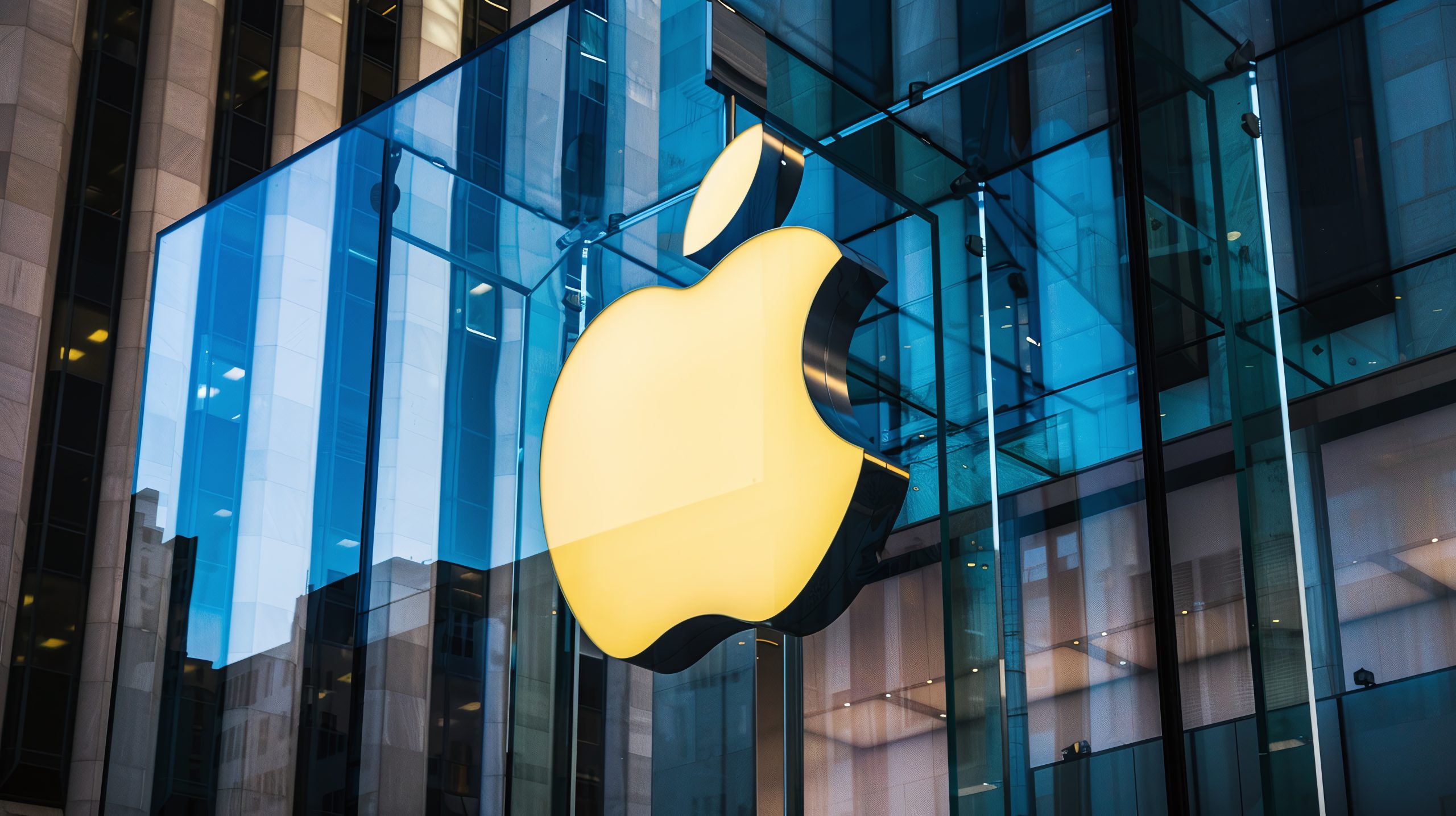 Apple logo at the front of an Apple Store