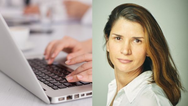 Portrait of Delfina Arnoldi next to a stock photo of a laptop