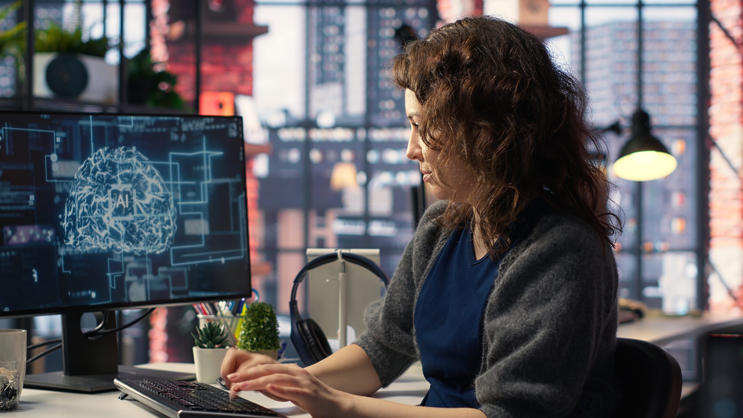 Female system admin doing maintenance on AI brain pc systems, sitting at office desk. Girl works as a software developer with cybernetics and algorithms for machine learning
