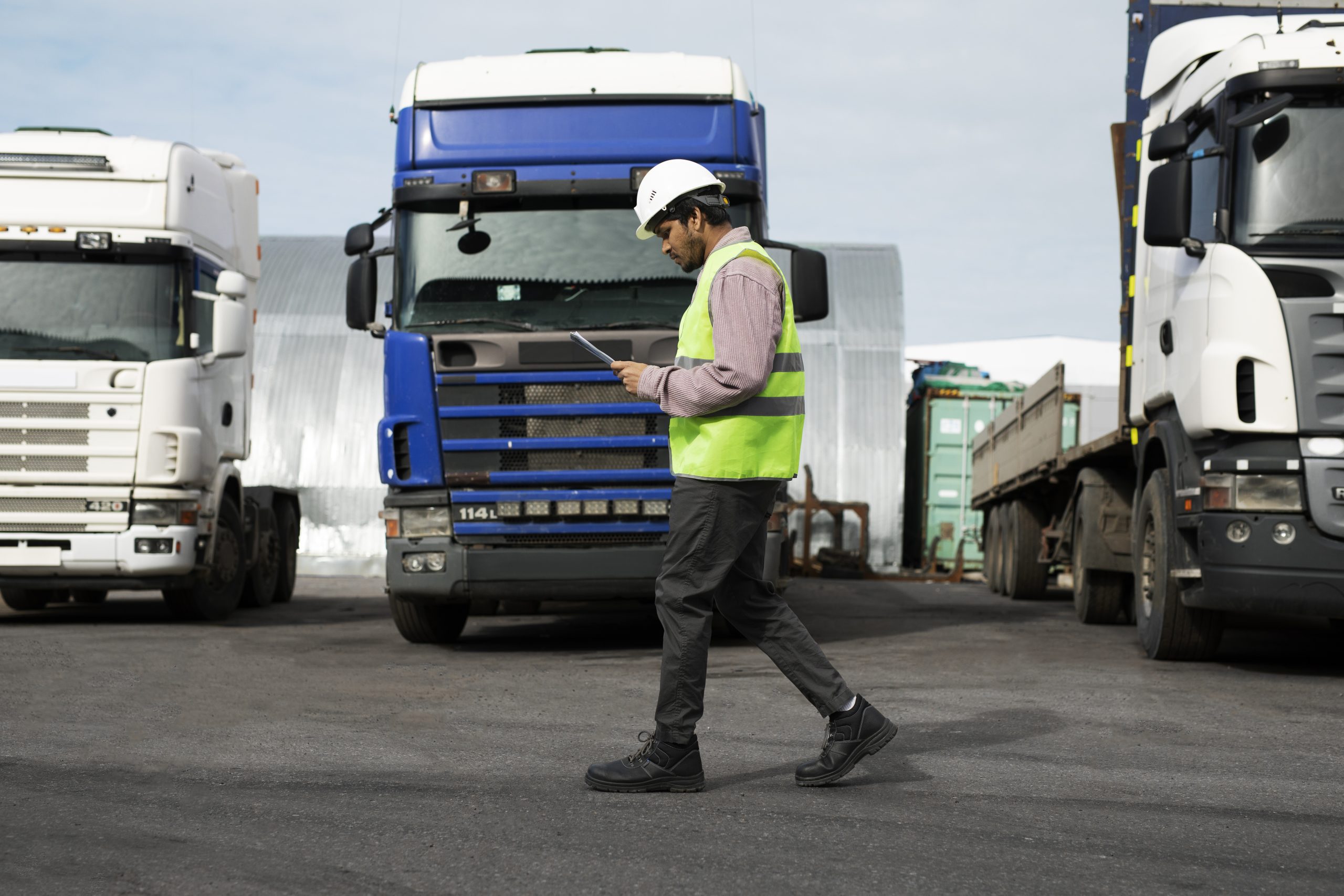 A full shot of a man walking by a trucks fleet