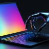 A robotic hand reaches out to a laptop with a colorful gradient screen
