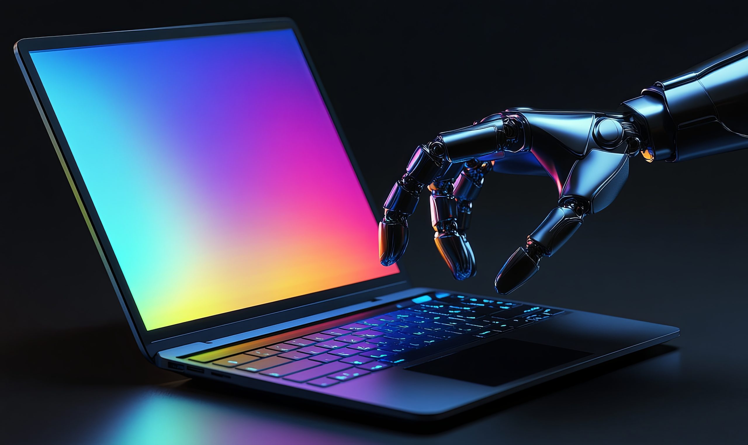 A robotic hand reaches out to a laptop with a colorful gradient screen