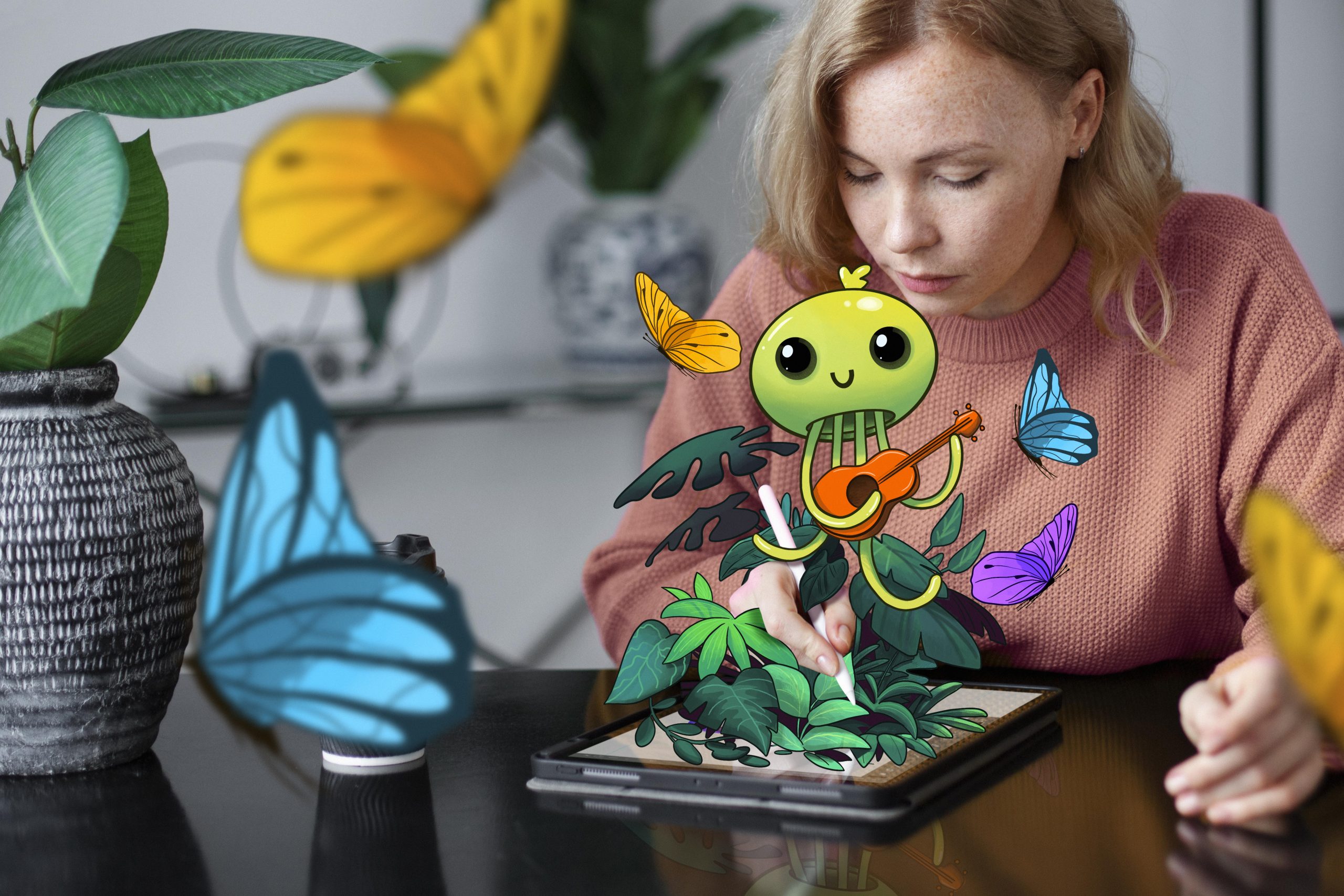 A woman working in an illustration in a tablet device